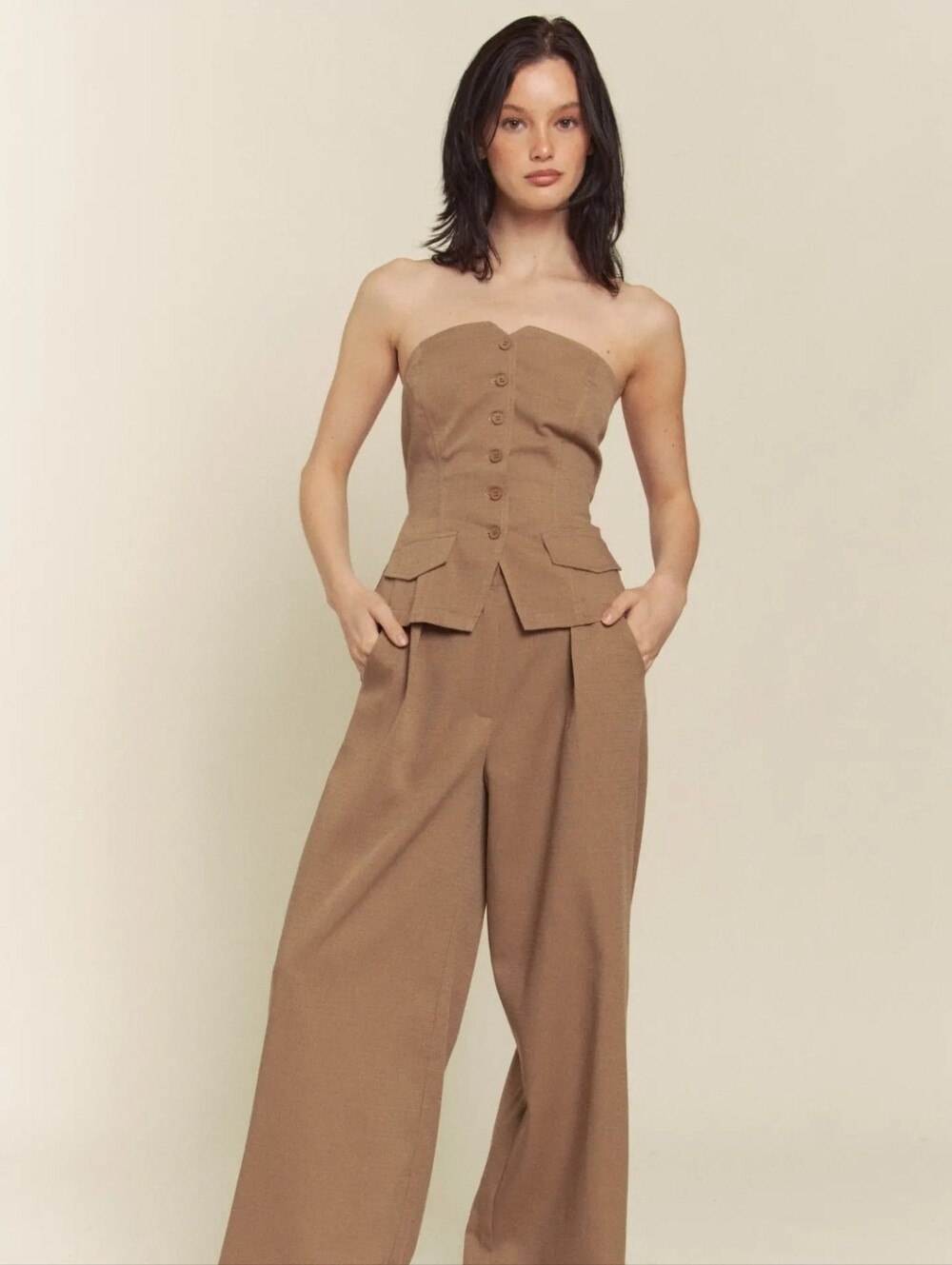 Boutique Hers & Mine Strapless High-Waist Wide-Leg SET Button Pocket Taupe Small